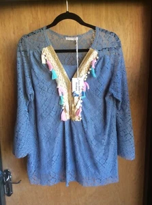 New Made in Italy Lagenlook Blue Embellished Lace Stretch Top - One Size BNWT - Picture 1 of 11