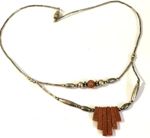VINTAGE LIQUID SILVER NECKLACE 16" BARREL CLASP GEMSTONE PENDANT PATINA - Picture 1 of 3