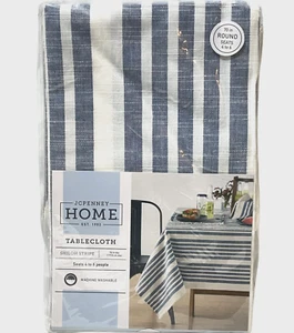 JC Penney Shiloh Stripe Tablecloth 70" Round 100% Cotton Blue White - Picture 1 of 7