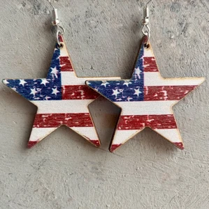 American Flag, Star Drop Wood Earrings - 4th of July, USA, American, Summer - Picture 1 of 1