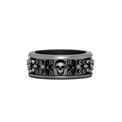 0.50cttw Black Onyx Fleur De Lis and Skull Wedding Band Silver Gun Metal Finish  - Image 1 of 4