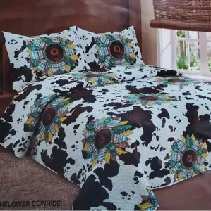 NEW Southwest Style Boho Sunflower Cow Skin Printed KING Quilt Set Yellowstone - Picture 1 of 2