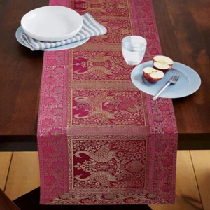 Runner da tavolo in seta di pavone rosa e oro per arredamento casa 16x60 in - Foto 1 di 4