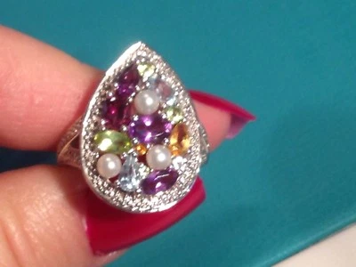 Anillo Ross Simons Plata Esterlina Perla Multi Piedras Preciosas Diamante Acento Forma Pera Foto 1 de 4
