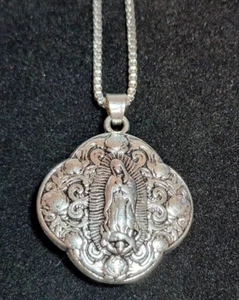 Our Lady of Guadalupe Antique Styled Puffed Pendant Necklace 1" - Box Chain 23" - Picture 1 of 6