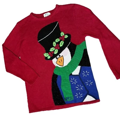 Quacker Factory VTG Penguin Top Hat Sweater Size M Red Christmas Holly Unique - Image 1 of 4