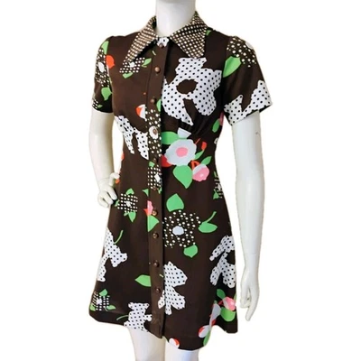 Vestido De Colección Años 60 "Sin Marca" Marrón con Diseño Mod Cintura Imperio S/S Foto 1 de 4