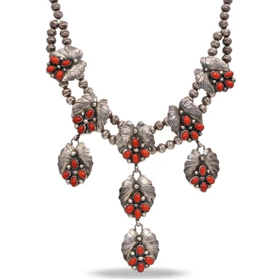 Collar Doble Hilo Hoja Coral Plata Esterlina Spencer Firmado Navajo De Colección Foto 1 de 4