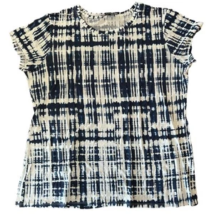 VINCE Navy Blue White Cap Sleeve Shibori Abstract Plaid T Shirt Women's Size XL - Picture 1 of 8