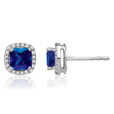 14K Solid White Gold Cushion-Cut Blue Sapphire Diamond Halo Stud Earrings - Image 1 of 4