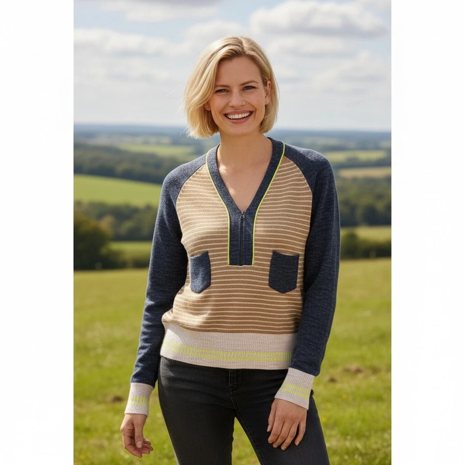 Suéter HOSS INTROPIA Gris/Camel Rayas Mezcla Alpaca Cremallera Talla Pequeña Foto 1 de 4