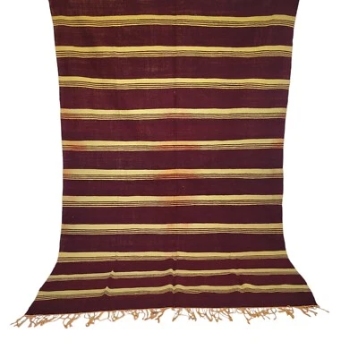 Vintage Handmade Moroccan Brown Rug Yellow Stripe Fringe Berber Wool Carpet 10x6 - Image 1 of 4