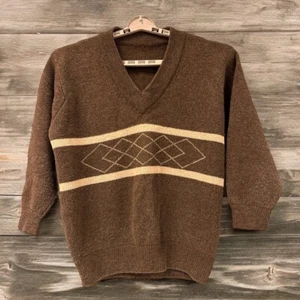 Vintage Wool Sweater Mens XL Brown Tan V-neck 3/4 Sleeves Thick Heavy - Picture 1 of 6