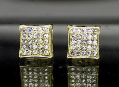 Mens Iced CZ Earrings 9mm Studs Push Back 14k Gold Plated Hip Hop Jewelry - Image 1 of 4