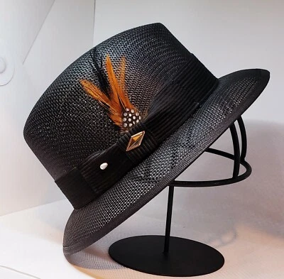 Mens Classic Black lowrider center crease  hat fedora rust brown black rooster  - Image 1 of 2