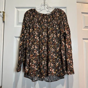 J Jill Smocked Floral Print Top Brown Black Autumn Long Sleeve Oversized Sz XL - Picture 1 of 17