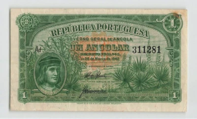 ANGOLA 1 Angolar 1942, P-68, Scarce Type, Original Crisp VF, Great Colors.  A5 - Image 1 of 2