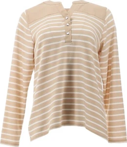 DG2 Diane Gilman Striped Knit SoftCell Combo Henley Top Sand XS NEW (246) - Picture 1 of 8