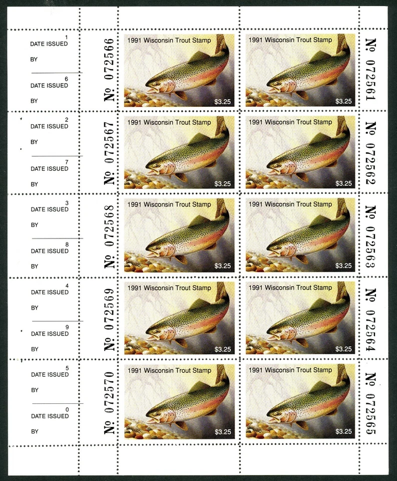 WISCONSIN 1991 STATE TROUT STAMP FULL NH PANE OF 10 by Kent Moon - Image 1 of 1