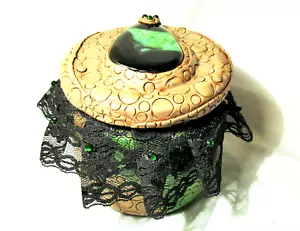 Steampunk Drago Metallo Vetro Barattolo Contenitore Nero Pizzo Verde Pietra Polimero Argilla - Foto 1 di 6