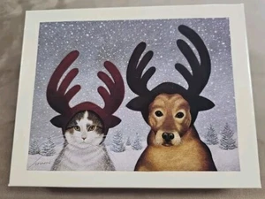 Lang American Cat Dog Christmas Cards 21 Boxed Art by Lowell Reindeer Antlers - Picture 1 of 5