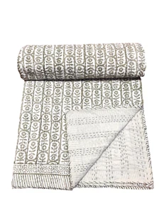 Kantha Quilt Indian Hand Block Print King Size Bedspread Blanket Cotton Throw - Picture 1 of 4