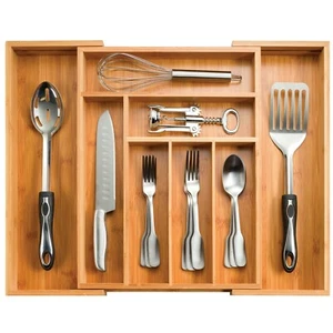 Bamboo Cutlery Silverware Flatware Utensil Tray Drawer Kitchen Organizer Storage - Picture 1 of 8