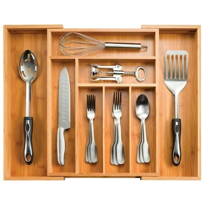 Bamboo Cutlery Silverware Flatware Utensil Tray Drawer Kitchen Organizer Storage - Image 1 of 4