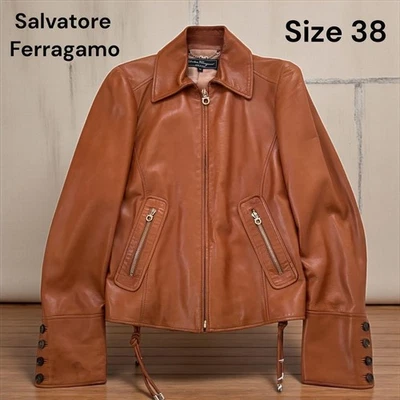 SALVATORE FERRAGAMO Chaqueta de Cuero de Cordero Marrón Damas 38 Auténtica de Japón Foto 1 de 4