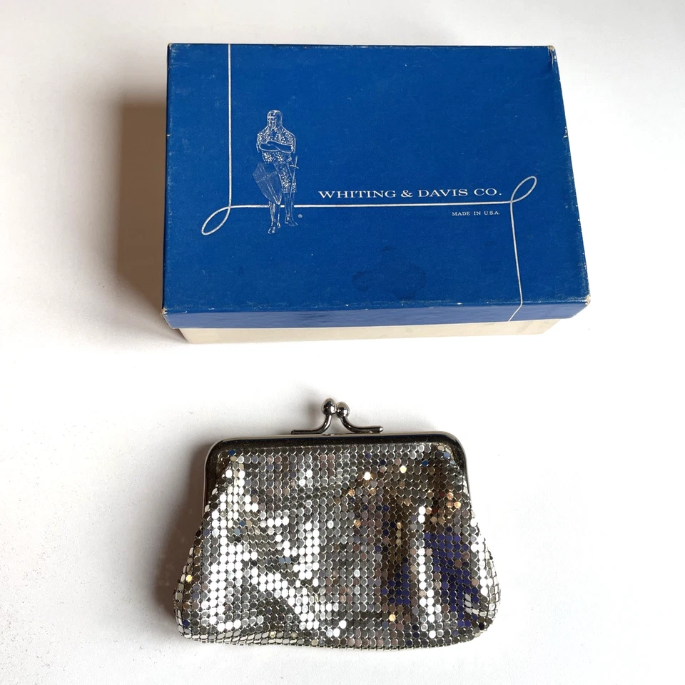 Monedero vintage de malla plateada Whiting & Davis con cerradura de beso Art Deco de lujo con caja Foto 1 de 4