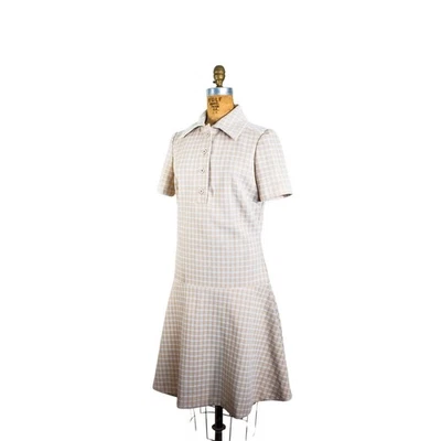 Vintage 1960s Mod Scooter Mini Dress, Beige Gingham Tab Collar, Retro GoGo, S - Image 1 of 4