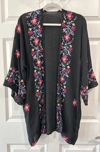 Vibrant Floral Embroidered Black Kimono OS Lightweight Boho Hippie Flower Child - Picture 1 of 9