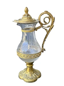 Napoleon III Brass Church Burette Decor Ears of Wheat & Engraved Crystal - Picture 1 of 6