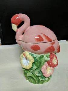 Large Pink Flamingo Hibiscus Flowers Ceramic Cookie Jar Target Home - NEW - Picture 1 of 4