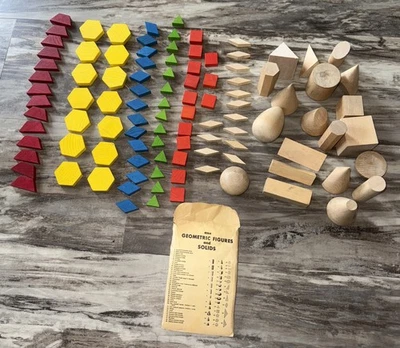 Juego de bloques de madera vintage de 100+ figuras geométricas y sólidos para aprender en casa escuela Foto 1 de 4