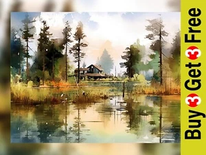 Lakeside House Watercolor Painting Print - Serene Nature Landscape Art 5" x 7" - Picture 1 of 10