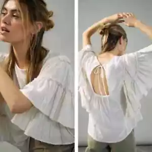 Neu mit Etikett Anthropologie Pilcro Sybil gestreifte Bluse mit Flatterärmeln Größe M - cremefarben/braun - Bild 1 von 10