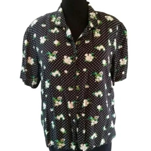 Vtg camisa floral negra sz 16 polkadot botón frontal manga corta 1990s USA RUSS - Imagen 1 de 9