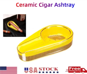 Ceramic Cigar Ashtray Holder Home Ashtray Portable Outdoor One Ash Slot Yellow - Picture 1 of 7