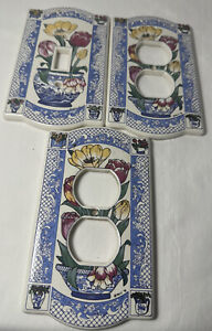 Vintage Ceramic Porcelain Light Switch & 2 Outlet Receptacle Plate Covers Tulips