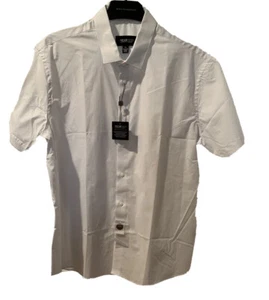 Kenneth Cole Mens Short Slv Dress Button Front Shirt XL White w/ LT Blue Stripe - Picture 1 of 13
