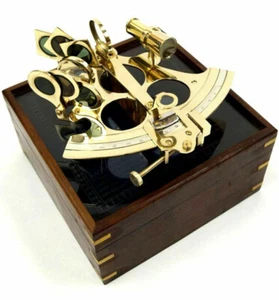 Large Brass Sextant 7.75" w/ Etched Glass Cover Display Wood Case Nautical Decor