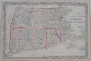 Original 1874 Mitchell handkolorierte Karte Massachusetts Connecticut Rhode Island - Bild 1 von 14