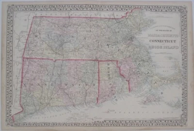 Original 1874 Mitchell Hand Colored Map MASSACHUSETTS CONNECTICUT RHODE ISLAND - Image 1 of 4