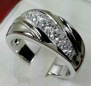 2Ct Round Lab-Created Diamond Engagement Band Ring Men's 14K White Gold Plated - Picture 1 of 4