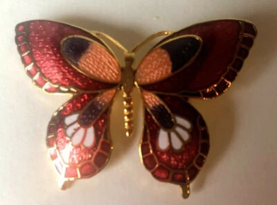 Butterfly Brooch Enamel Red Pink White Black Length 1.75" Inch Gold Tone - Image 1 of 3