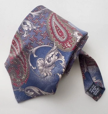 Robert Stock 洗砂复古丝绸领带佩斯利和花卉蓝色灰色和勃艮第色 — 第 1/4 张图片