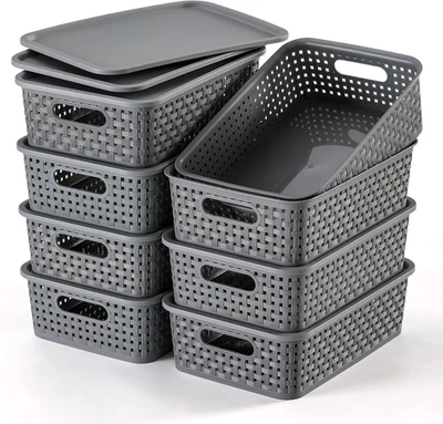 8 Pack Plastic Storage Baskets with Lids Small Stackable Pantry Organizer Gray - Image 1 of 4