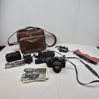 Canon AE-1 35mm Film Camera w/ 50mm Lens Bag Flash Kit Tested Powers On - Image 1 of 4
