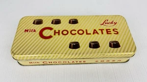 Vintage Glück Milch Pralinen Blechdose Süßigkeiten Behälter Klappdeckel Werbung 9,5" - Bild 1 von 9